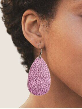 Pink Teardrop Earrings 3 Inch Faux Leather Textured Lightweight Boho Soft Girl